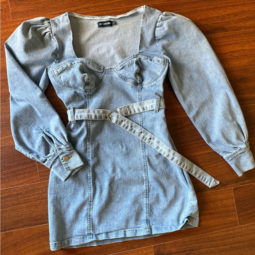 Denim Puff Sleeve Belted Mini Dress